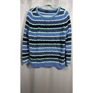 Talbots Woman Striped Boat Neck Sweater Sz 1X Blue Green Black Knit Preppy Work